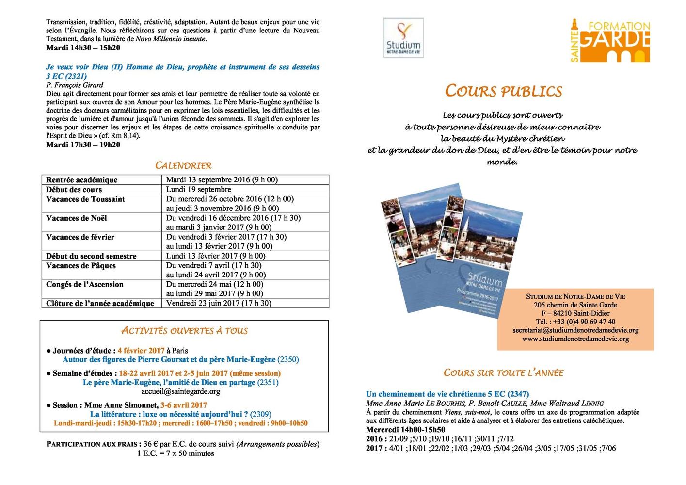 Programme des cours publics